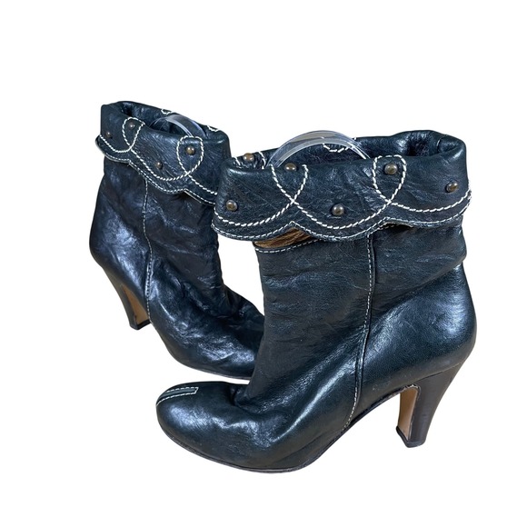 Vero Cuoio Black Leather Heeled Ankle Boots Women Size 5.5 36 Made Italy Studded